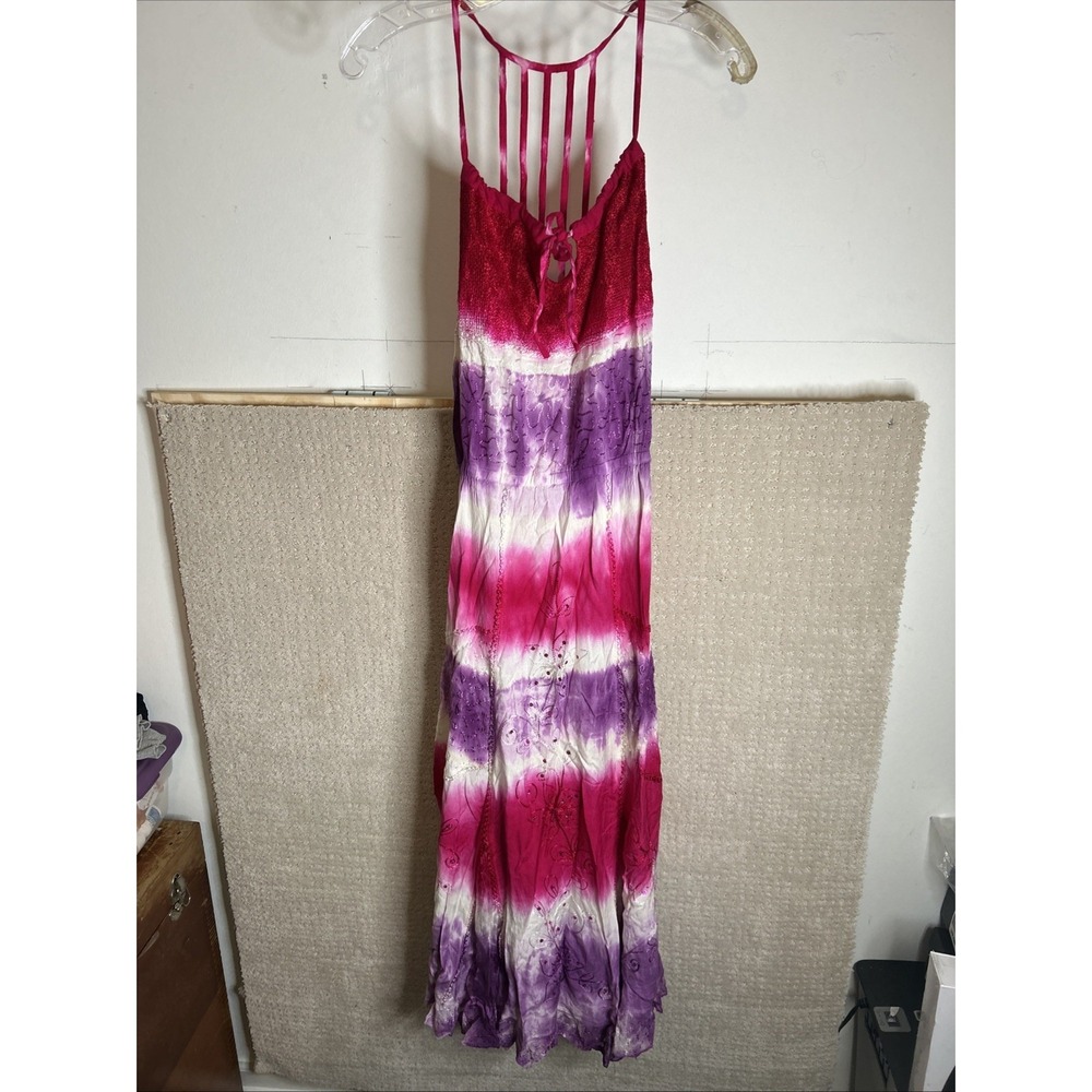 Raga Tie Dye Maxi Dress Boho Hippie Festival Backless Women M Purple Pink White